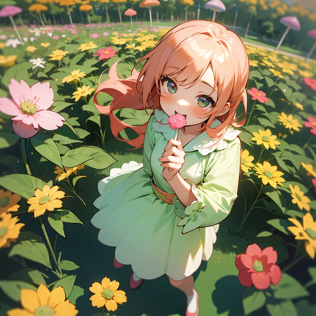masterpiece,ultra detail,best quality,1girl,,chibi, watahana,outdoor,flower garden,happy,blush pretty dress,holding large lollipop candy,from above,kirakira effect, 