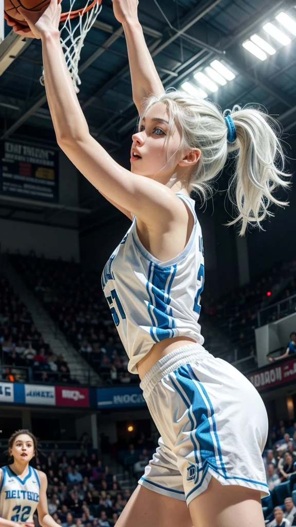Female teenager with white hair up, blue eyes and white skin doing a dunk in basketball