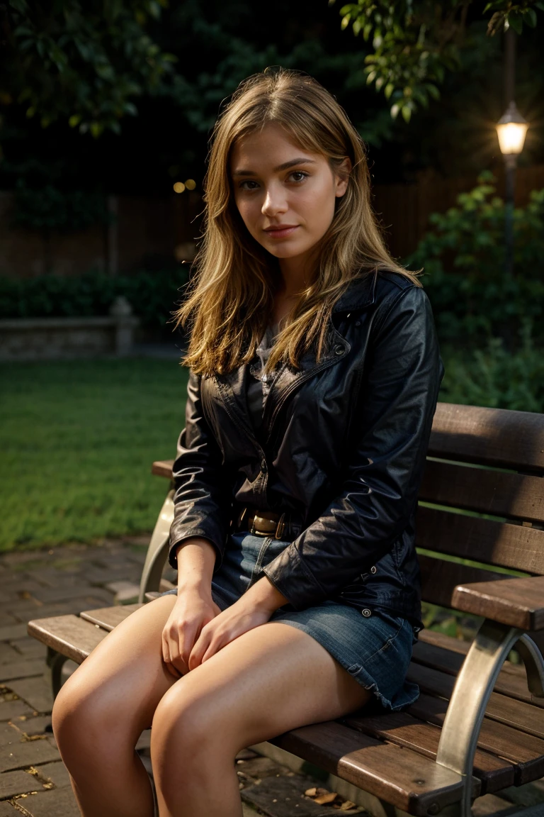 Lucie sitting on a bench in the evening 