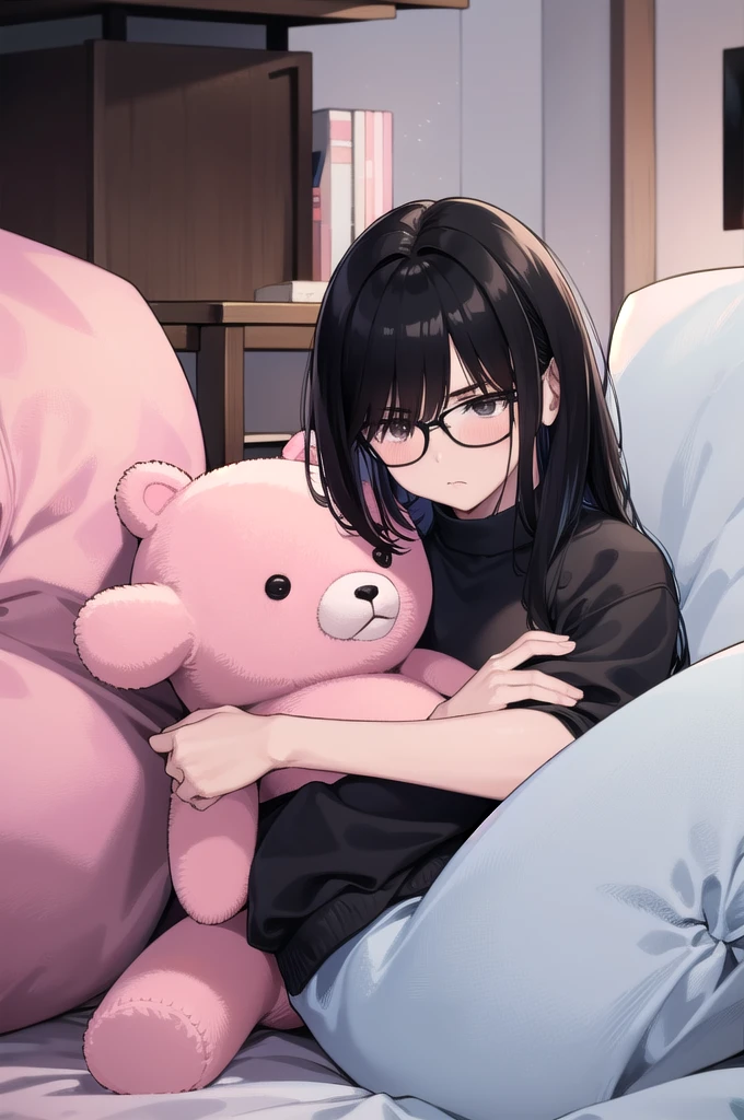 A black woman, dark-skinned, skin black. Long black hair, fringe. Big black eyes. lowrise, serious countenance. holding a teddy bear, black sweatshirt in a pink room