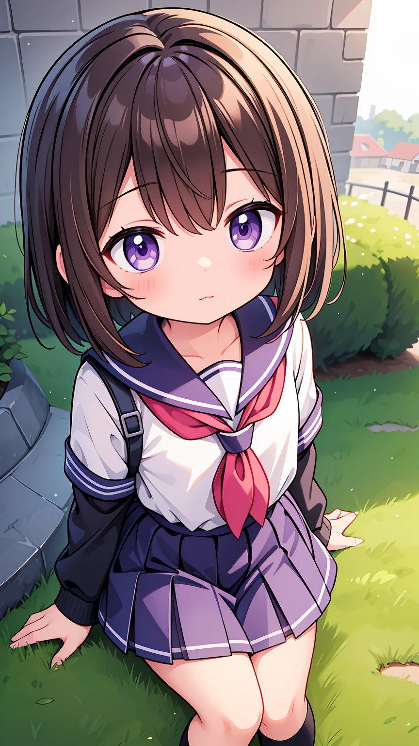 (High quality), (masterpiece), (very detailed), girl, (very small bust), short brown hair, purple eyes, shy face, (primary school loli), showing her thighs, on the school yard, sunny, camera angle from below, adorable eyes, (primar school uniform)