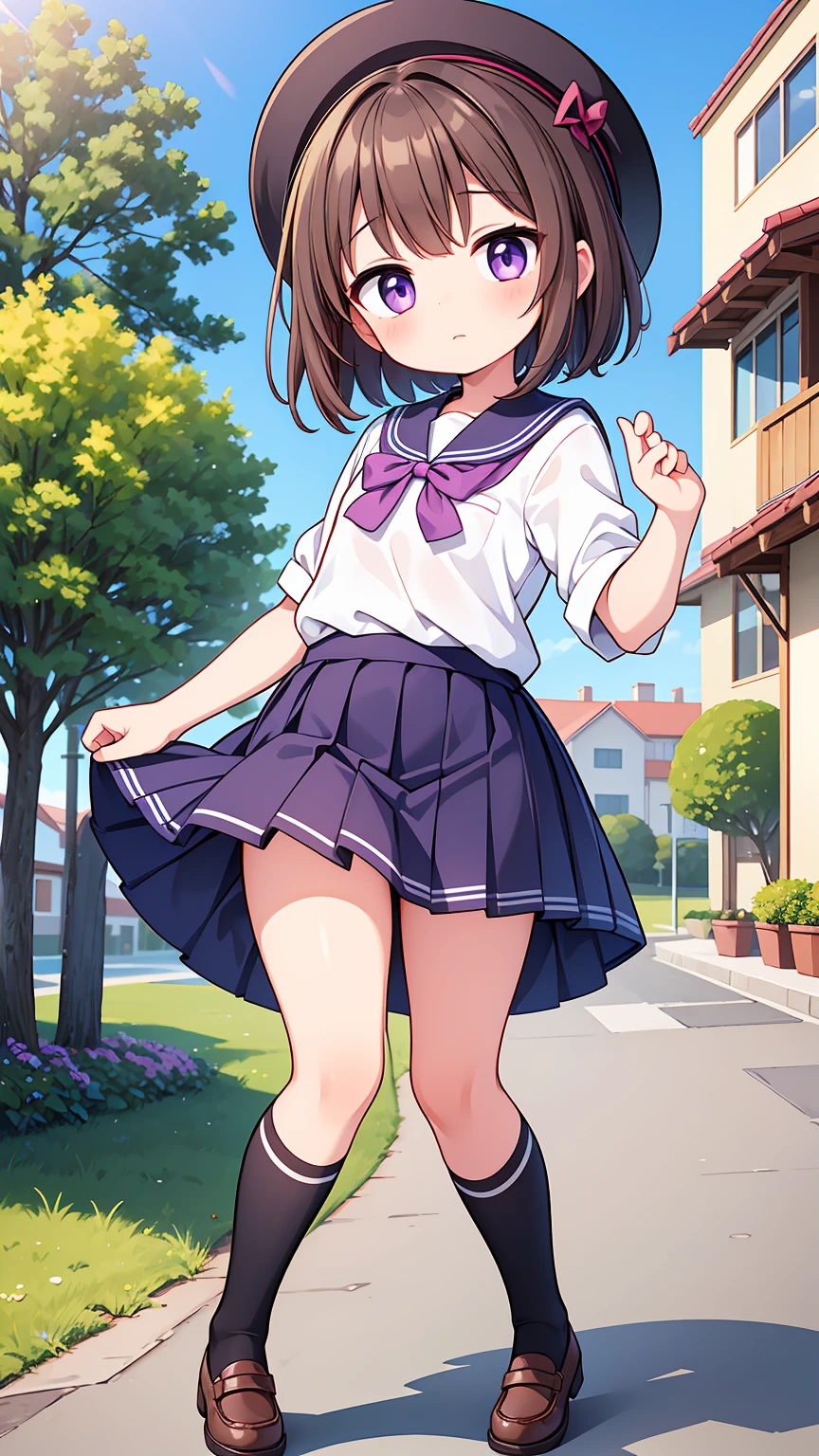 (High quality), (masterpiece), (very detailed), girl, (very small bust), short brown hair, purple eyes, shy face, (primary school loli), showing her thighs, on the school yard, sunny, camera angle from below, adorable eyes, (primar school uniform)