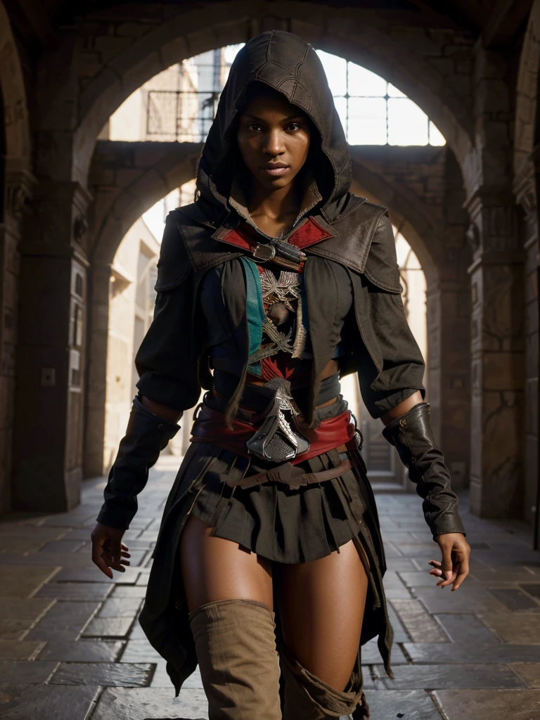 8k, RAW photo, best quality, ultra high resolution, photorealistic, realistic photo of skinny ebony girl assassin's creed, (skinny ebony girl, 20 years old, most beautiful ebony girl in the world, slim face, dark skin, black hair, dreadlocks hair, dreadlocks), (assassin's reed), cosplay, in the castle hall, castle, ((full body picture),standing posing for picture, sexy pose, (wearing assassin's creed costume), ((looking at viewer), fierce look), menace, High Detail, Sharp focus, bright light