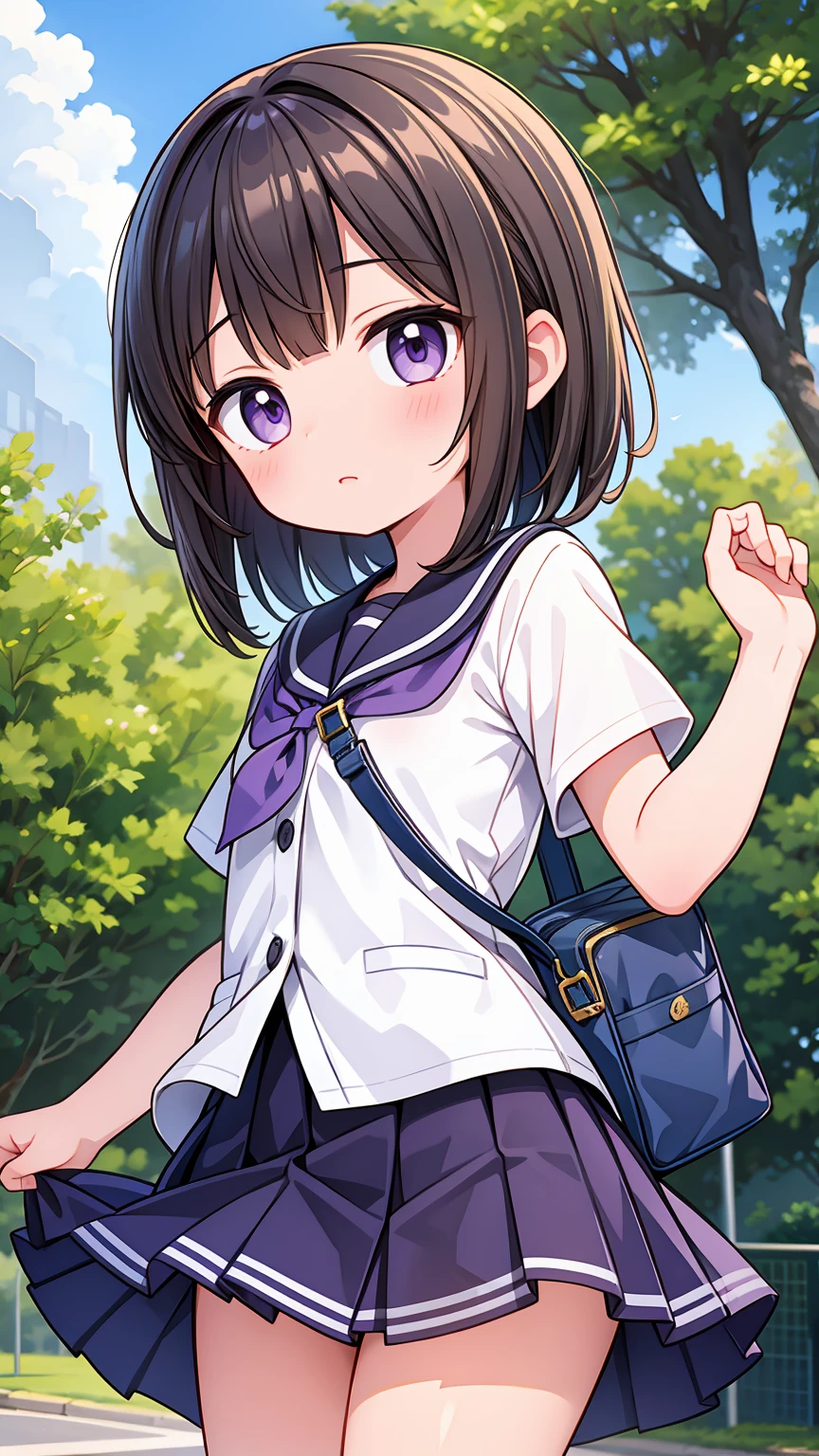 (High quality), (masterpiece), (very detailed), girl, (very small bust), short brown hair, purple eyes, shy face, (primary school loli), showing her thighs, on the school yard, sunny, camera angle from below, adorable eyes, (primar school uniform)