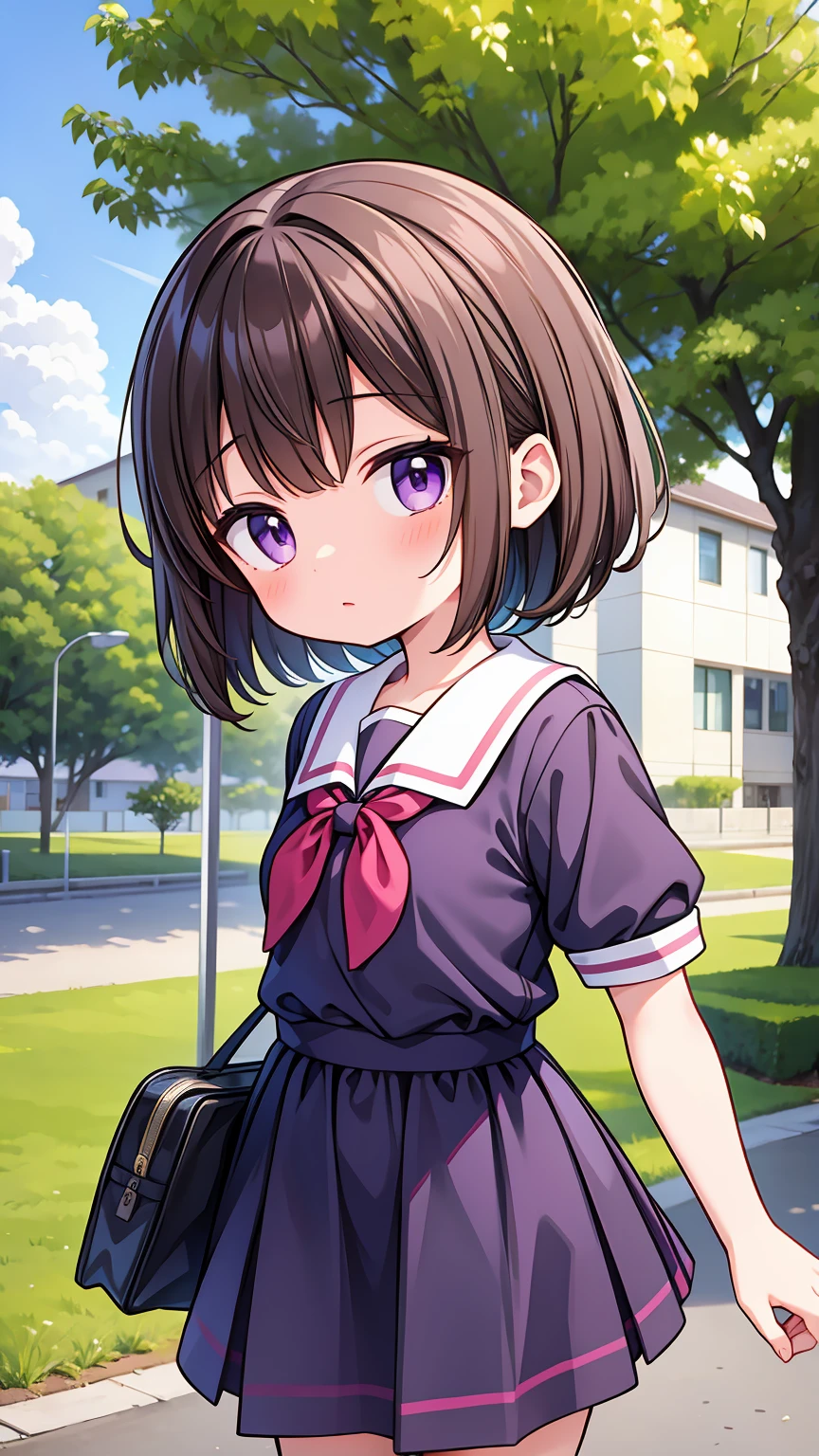 (High quality), (masterpiece), (very detailed), girl, (very small bust), short brown hair, purple eyes, shy face, (li), showing her thighs, on the school yard, sunny, camera angle from below, adorable eyes, (primar school uniform)