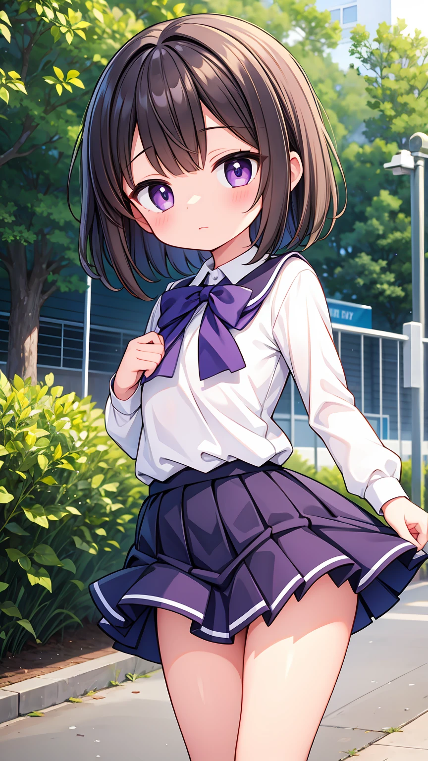 (High quality), (masterpiece), (very detailed), girl, (very small bust), short brown hair, purple eyes, shy face, (primary school loli), showing her thighs, on the school yard, sunny, camera angle from below, adorable eyes, (primar school uniform)