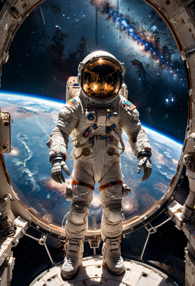 (Astronaut), astronaut stands in front of the observation window of the spacecraft, outside which lies the dazzling Milky Way. This is a long deep space exploration mission, full body, (Photography), panoramic view, award-winning, cinematic still, emotional, vignette, dynamic, vivid, (masterpiece, best quality, Professional, perfect composition, very aesthetic, absurdres, ultra-detailed, intricate details:1.3)