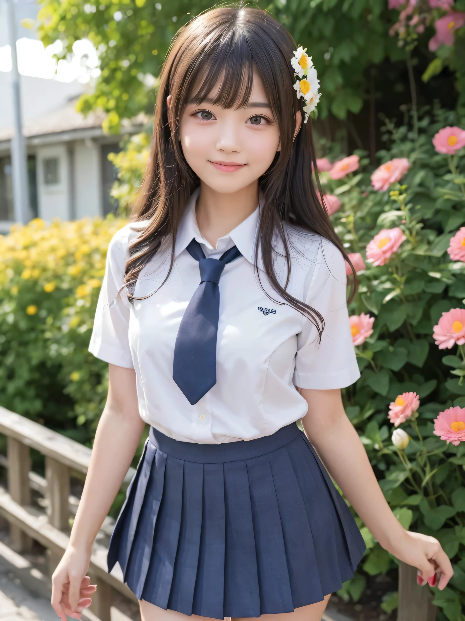 (1girl), kawaii, (round eyes:1.2), (highly detailed face and eyes), (big smile), (school uniform, pleated mini skirt:1.3), summer, (Best Quality:1.4), (Ultra-detailed), (extremely detailed CG unified 8k wallpaper), Highly detailed, High-definition raw color photos, Professional Photography, Realistic portrait, (Surrounded by lots of cute fresh flowers:1.3), focus on the girl, depth of fields, (fine face:1.2), 