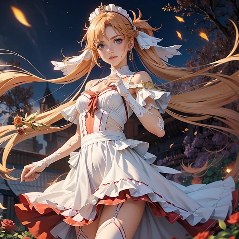 1girl, centered girl, perfectly body, perfectly hands, solo, jewelry, lavender, rabbit jewel on her hair, ornament hair, twintails, rabbit jewel on her hair, orange hair, long hair, long flowing hair, floating hair, ornament hair, perfectly body, perfectly hands, garden scenery, red rose on hair, Looking at the audience, flowing hair, Beautiful Eyes, Plump and glossy lips, maid, maid dress, maid headdress, maid apron, white apron, dress with too many frills, white dress, red laces, white Short skirt, small skirt, skirt with layers, Drape clothes, magenta gem, Lace trim, bright stage in the garden, luxury gold details, gold jewelry, more details, best quality, Big sparkling eyes, blushing, black Striped Lace Stockings, white Lolita skirt, sparkle, solo, centered girl, cowboy shot, lace garter, perfectly body, perfectly hands, two arms, two legs, two hands, five fingers, perfect anatomy, glowing hair, red roses, in garden, sparkles, more details on her clothes, dress with transparency, red details on her dress, night ((4k, masterpiece, top-quality)), 8k, best quality, high resolution, UHD, (illustration:0.8), super cute girl, delicate and beautiful face, mature girl, super cute hairstyle, (beautiful detailed eyes:1.6), extremely detailed face, perfect lighting, extremely detailed CG, (perfect hands, perfect anatomy), Best quality, cleavage