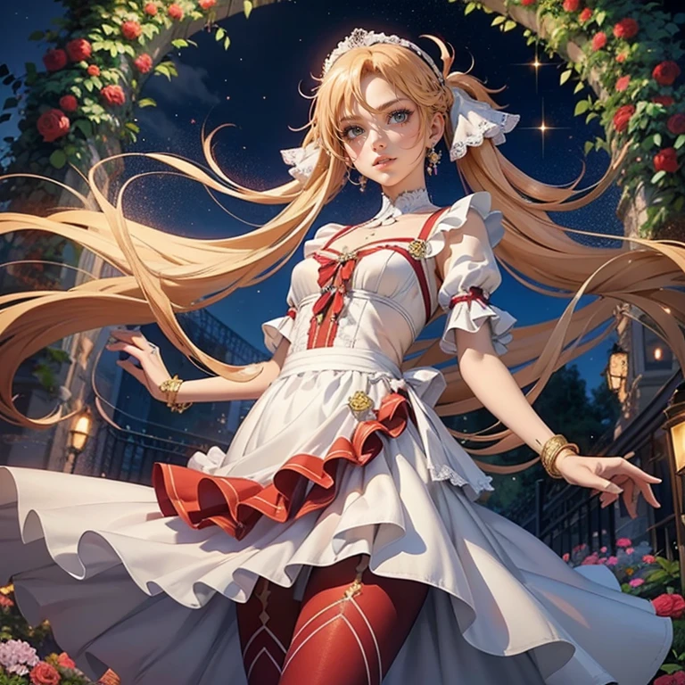 1girl, centered girl, perfectly body, perfectly hands, solo, jewelry, lavender, rabbit jewel on her hair, ornament hair, twintails, rabbit jewel on her hair, orange hair, long hair, long flowing hair, floating hair, ornament hair, perfectly body, perfectly hands, garden scenery, red rose on hair, Looking at the audience, flowing hair, Beautiful Eyes, Plump and glossy lips, maid, maid dress, maid headdress, maid apron, white apron, dress with too many frills, white dress, red laces, white Short skirt, small skirt, skirt with layers, Drape clothes, magenta gem, Lace trim, bright stage in the garden, luxury gold details, gold jewelry, more details, best quality, Big sparkling eyes, blushing, black Striped Lace Stockings, white Lolita skirt, sparkle, solo, centered girl, cowboy shot, lace garter, perfectly body, perfectly hands, two arms, two legs, two hands, five fingers, perfect anatomy, glowing hair, red roses, in garden, sparkles, more details on her clothes, dress with transparency, red details on her dress, night ((4k, masterpiece, top-quality)), 8k, best quality, high resolution, UHD, (illustration:0.8), super cute girl, delicate and beautiful face, mature girl, super cute hairstyle, (beautiful detailed eyes:1.6), extremely detailed face, perfect lighting, extremely detailed CG, (perfect hands, perfect anatomy), Best quality, cleavage