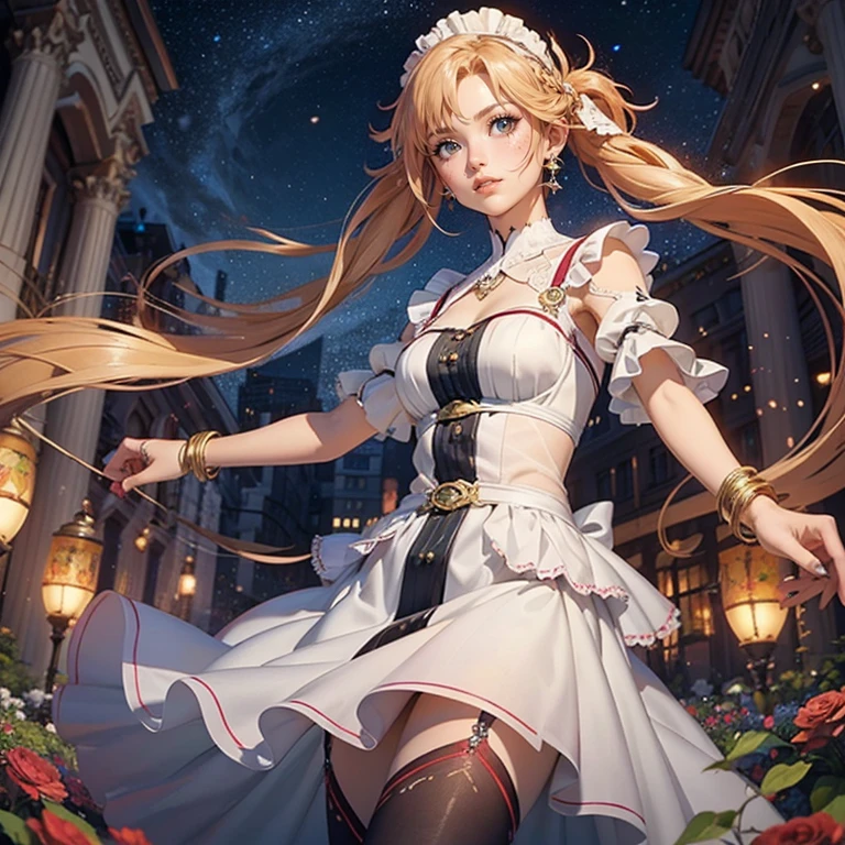 1girl, centered girl, perfectly body, perfectly hands, solo, jewelry, lavender, rabbit jewel on her hair, ornament hair, twintails, rabbit jewel on her hair, orange hair, long hair, long flowing hair, floating hair, ornament hair, perfectly body, perfectly hands, garden scenery, red rose on hair, Looking at the audience, flowing hair, Beautiful Eyes, Plump and glossy lips, maid, maid dress, maid headdress, maid apron, white apron, dress with too many frills, white dress, red laces, white Short skirt, small skirt, skirt with layers, Drape clothes, magenta gem, Lace trim, bright stage in the garden, luxury gold details, gold jewelry, more details, best quality, Big sparkling eyes, blushing, black Striped Lace Stockings, white ta skirt, sparkle, solo, centered girl, cowboy shot, lace garter, perfectly body, perfectly hands, two arms, two legs, two hands, five fingers, perfect anatomy, glowing hair, red roses, in garden, sparkles, more details on her clothes, dress with transparency, red details on her dress, night ((4k, masterpiece, top-quality)), 8k, best quality, high resolution, UHD, (illustration:0.8), super cute girl, delicate and beautiful face, mature girl, super cute hairstyle, (beautiful detailed eyes:1.6), extremely detailed face, perfect lighting, extremely detailed CG, (perfect hands, perfect anatomy), Best quality, cleavage