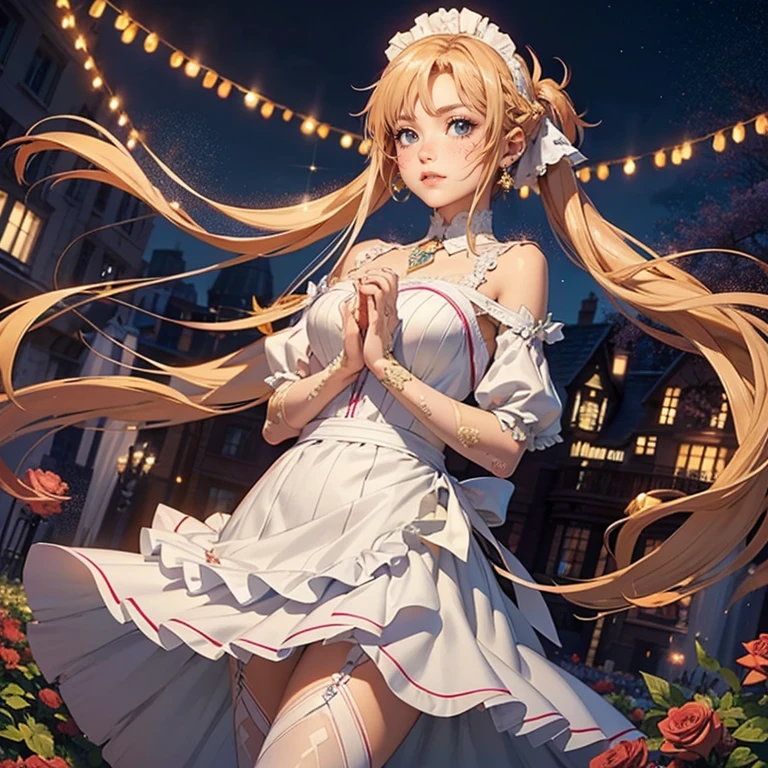 1girl, centered girl, perfectly body, perfectly hands, solo, jewelry, lavender, rabbit jewel on her hair, ornament hair, twintails, rabbit jewel on her hair, orange hair, long hair, long flowing hair, floating hair, ornament hair, perfectly body, perfectly hands, garden scenery, red rose on hair, Looking at the audience, flowing hair, Beautiful Eyes, Plump and glossy lips, maid, maid dress, maid headdress, maid apron, white apron, dress with too many frills, white dress, red laces, white Short skirt, small skirt, skirt with layers, Drape clothes, magenta gem, Lace trim, bright stage in the garden, luxury gold details, gold jewelry, more details, best quality, Big sparkling eyes, blushing, black Striped Lace Stockings, white Lolita skirt, sparkle, solo, centered girl, cowboy shot, lace garter, perfectly body, perfectly hands, two arms, two legs, two hands, five fingers, perfect ???????, glowing hair, red roses, in garden, sparkles, more details on her clothes, dress with transparency, red details on her dress, night ((4k, masterpiece, top-quality)), 8k, best quality, high resolution, UHD, (illustration:0.8), super cute girl, delicate and beautiful face, mature girl, super cute hairstyle, (beautiful detailed eyes:1.6), extremely detailed face, perfect lighting, extremely detailed CG, (perfect hands, perfect ???????), Best quality, cleavage