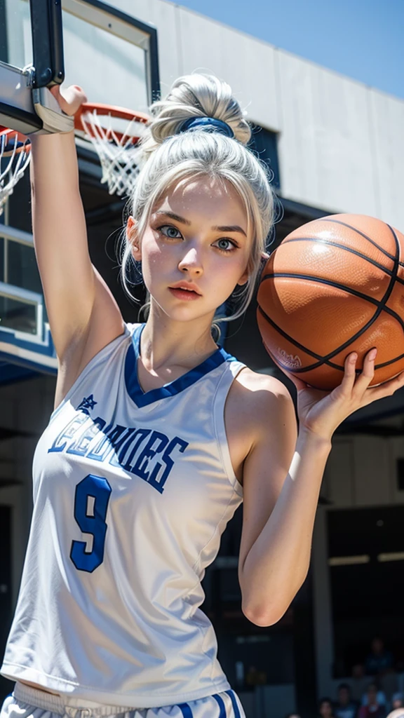 Female teenager with white hair up, blue eyes and white skin doing a dunk in basketball