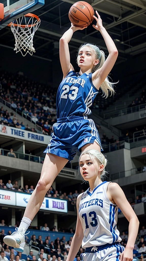 Female teenager with white hair up, blue eyes and white skin doing a dunk in basketball