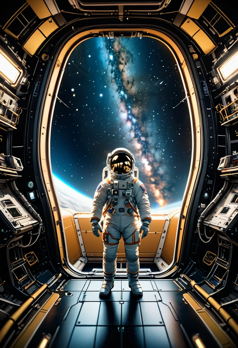 (Astronaut), astronaut stands in front of the observation window of the spacecraft, outside which lies the dazzling Milky Way. This is a long deep space exploration mission, full body, (Photography), panoramic view, award-winning, cinematic still, emotional, vignette, dynamic, vivid, (masterpiece, best quality, Professional, perfect composition, very aesthetic, absurdres, ultra-detailed, intricate details:1.3)