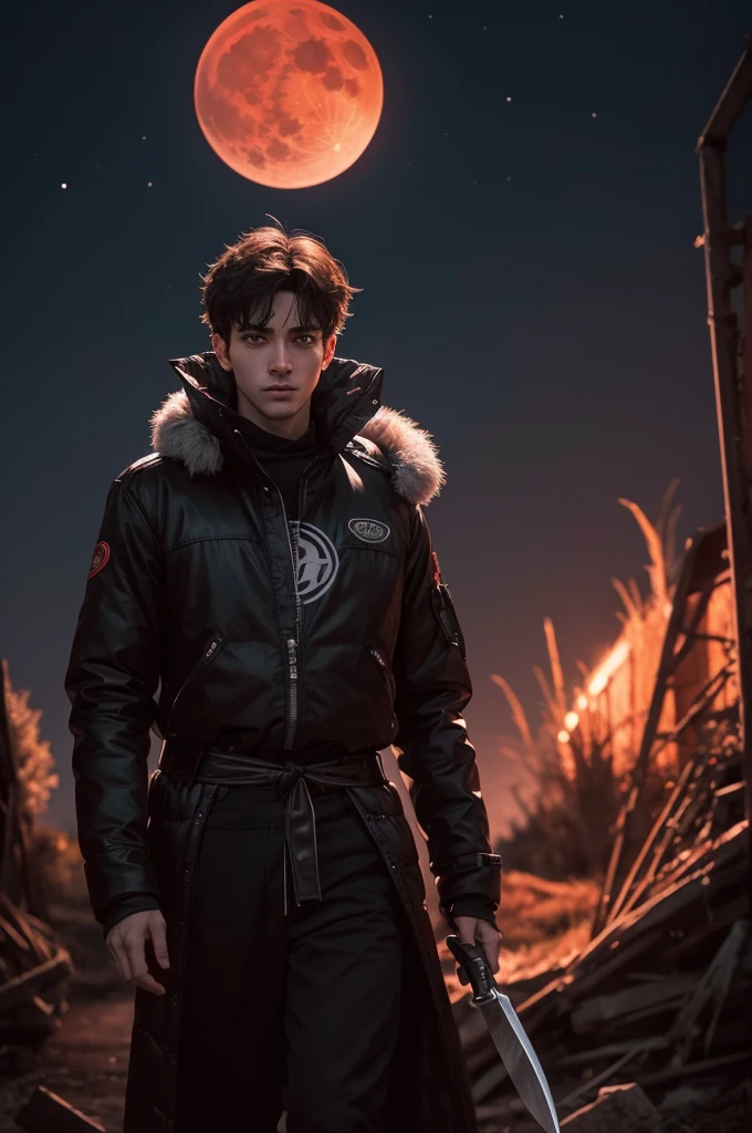 I want a photo of Ayrton, who is like a  possessed by an entity, has eyes, the white part is black and the pupil is red, he holds a knife and looks like wolf ears and a wolf tail, he holds a knife because he is evil, he is a creature that lives walking in countryside areas and can appear in a place during the full moon and a red moon is needed