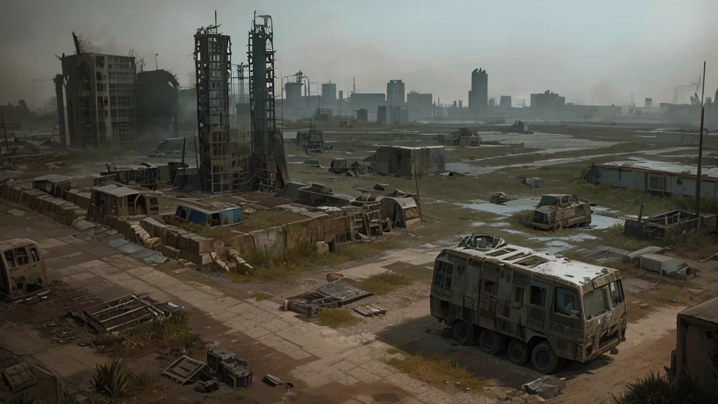 a desolate abandoned cosmodrome, crumbling concrete structures, rusted metal, overgrown vegetation, atmospheric lighting, moody tones, cinematic composition, dramatic shadows, abandoned vehicles, decaying remnants of space exploration, sense of isolation and decay, highly detailed, photorealistic, 8k, masterpiece, isometric