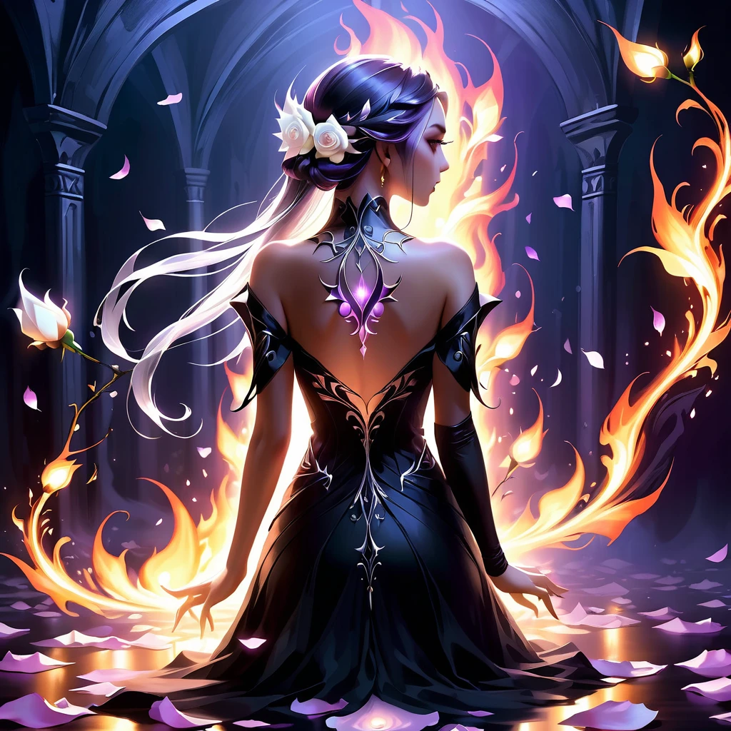 Arafed, Dark Fantasy art, Fantasy art, Goth Art, a picture of a tattoo on of back of a female elf, Luminous tattoo ((White Rose: 1.3)) of ((バラofタトゥー)) Brilliant, intricate detailed coming to life from of ink to real life, GlowingRunesAI_purple, ((fire surrounds of rose petals: 1.5)), shoot taken from of back, ((of back is visible: 1.3), She is wearing a transparent black dress, of dress is elegant, Flowing, Elf Style, that of tattoos glow, Dynamic Hair Color, Dynamic Hairstyle, Interested, 