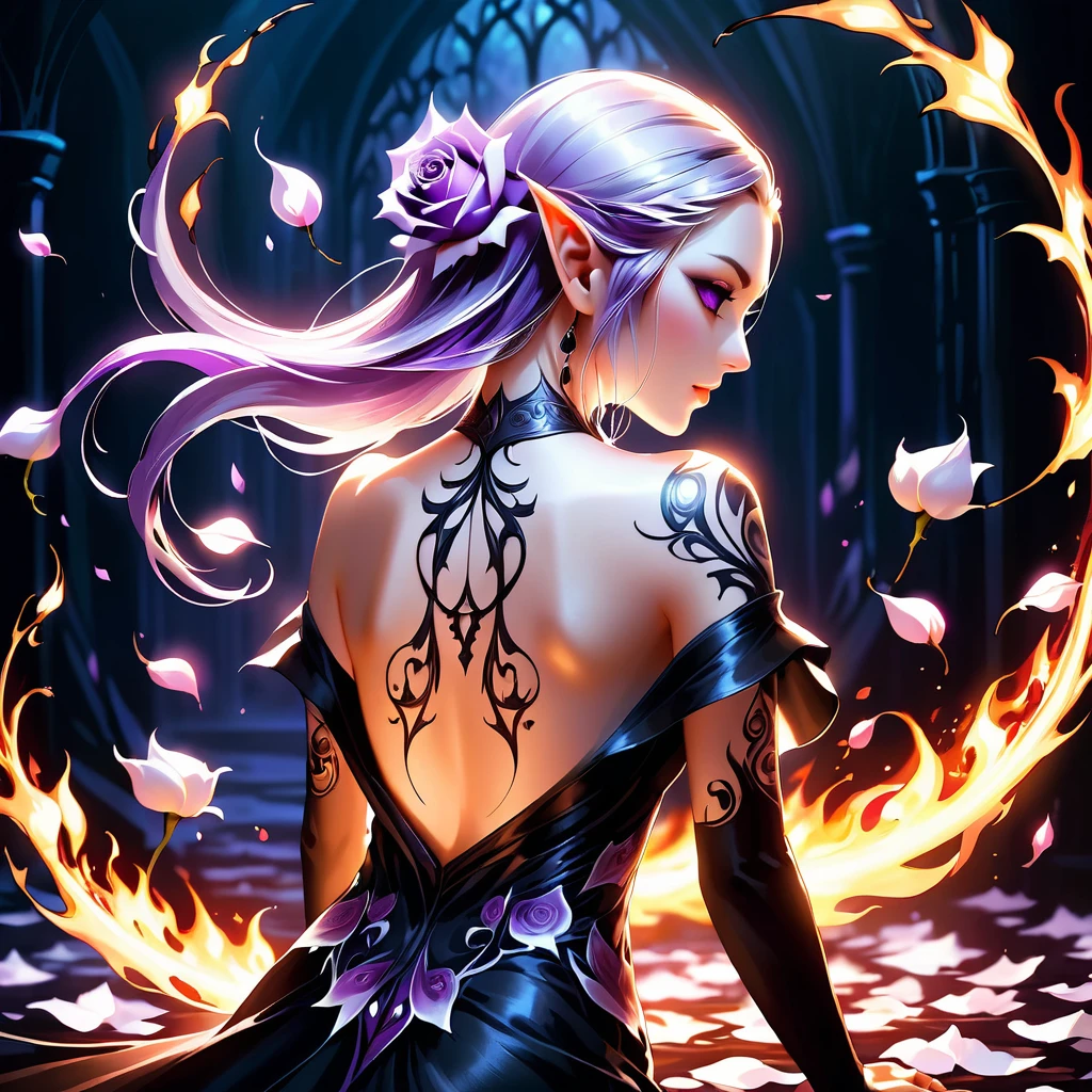 Arafed, Dark Fantasy art, Fantasy art, Goth Art, a picture of a tattoo on of back of a female elf, Luminous tattoo ((White Rose: 1.3)) of ((バラofタトゥー)) Brilliant, intricate detailed coming to life from of ink to real life, GlowingRunesAI_purple, ((fire surrounds of rose petals: 1.5)), shoot taken from of back, ((of back is visible: 1.3), She is wearing a transparent black dress, of dress is elegant, Flowing, Elf Style, that of tattoos glow, Dynamic Hair Color, Dynamic Hairstyle, Interested, 