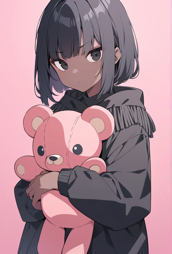 A black woman, dark-skinned, skin black. Long black hair, fringe. Big black eyes. lowrise, serious countenance. holding a teddy bear, black sweatshirt in a pink room