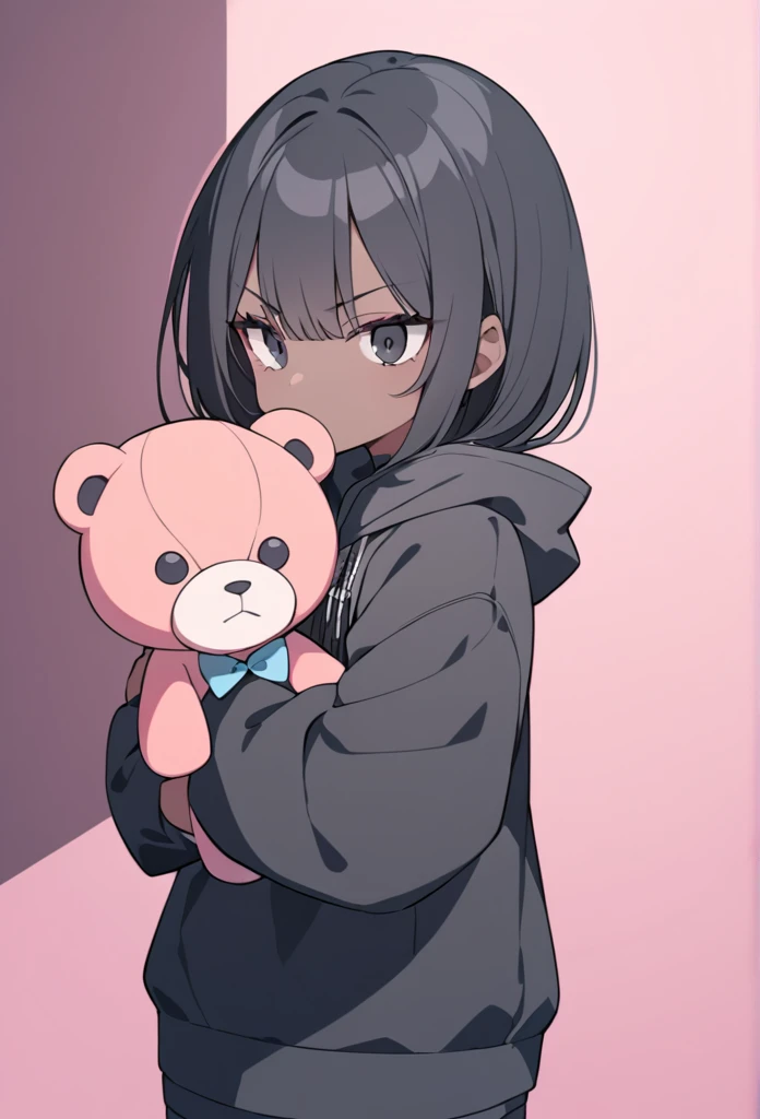 A black woman, dark-skinned, skin black. Long black hair, fringe. Big black eyes. lowrise, serious countenance. holding a teddy bear, black sweatshirt in a pink room