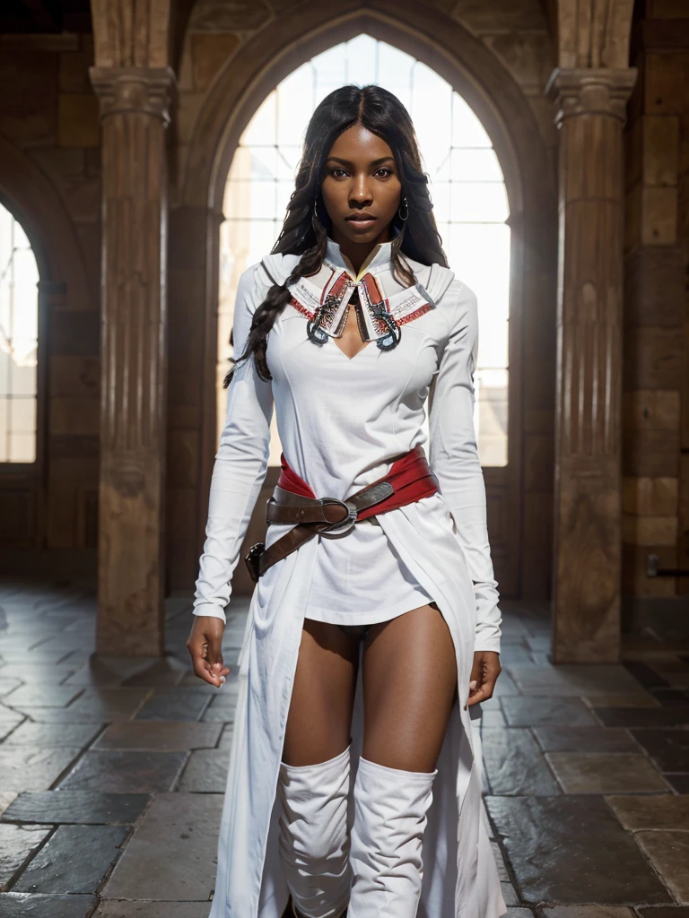8k, RAW photo, best quality, ultra high resolution, photorealistic, realistic photo of skinny ebony girl assassin's creed, (skinny ebony girl, 20 years old, most beautiful ebony girl in the world, slim face, dark skin, black hair, dreadlocks hair, dreadlocks), (assassin's reed), cosplay, in the castle hall, castle, ((full body picture),standing posing for picture, sexy pose, (wearing white assassin's creed costume), ((looking at viewer), fierce look), menace, High Detail, Sharp focus, bright light