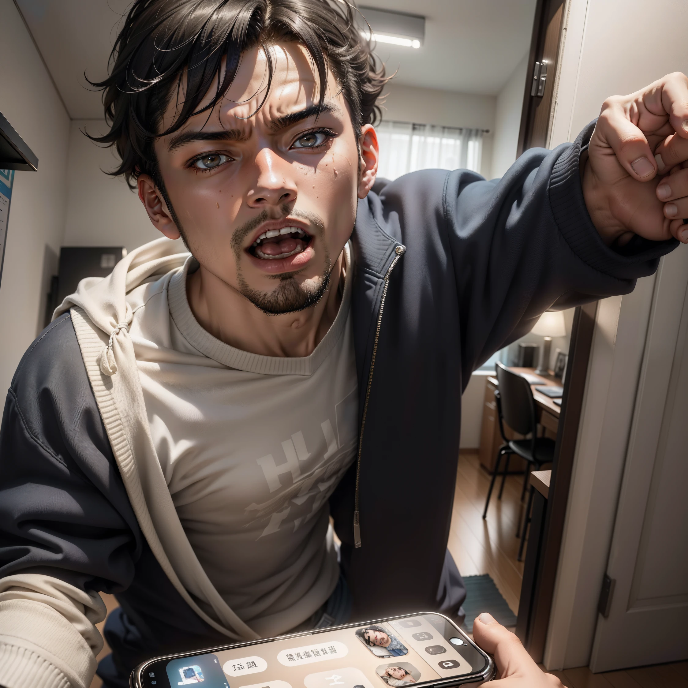 hyper high definition,higher details,Best Quality,Background in the apartment room,middle aged man,He took out his phone,Bowled over,Speaking out loud,hectic,ultra high resolution,Masterpiece
