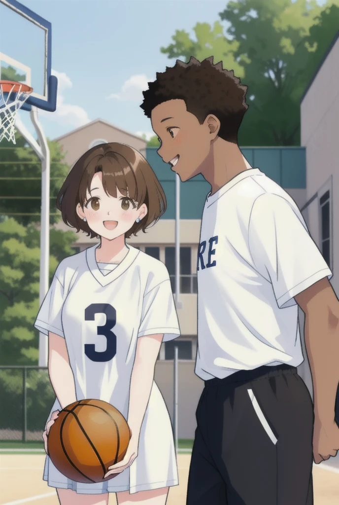 A black boy with short hair and a white girl with short brown hair meet at school. They are going to play basketball and the girl offers the ball to the boy to play. They became friends and 3 years later they fell in love and started dating.