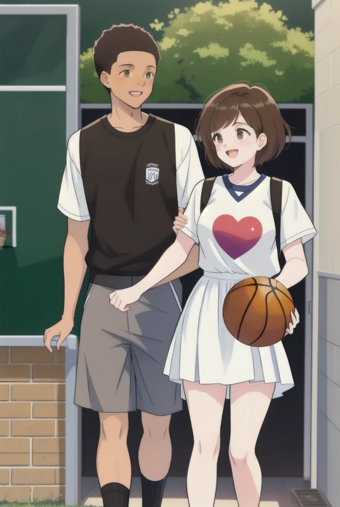 A black boy with short hair and a white girl with short brown hair meet at school. They are going to play basketball and the girl offers the ball to the boy to play. They became friends and 3 years later they fell in love and started dating.
