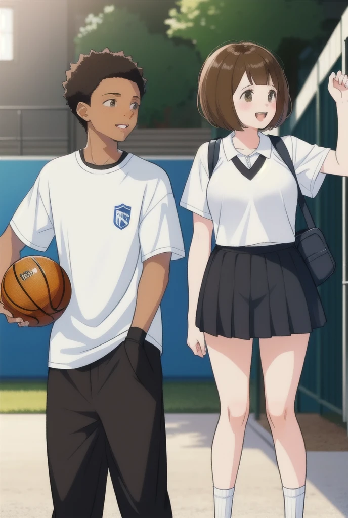 A black boy with short hair and a white girl with short brown hair meet at school. They are going to play basketball and the girl offers the ball to the boy to play. They became friends and 3 years later they fell in love and started dating.