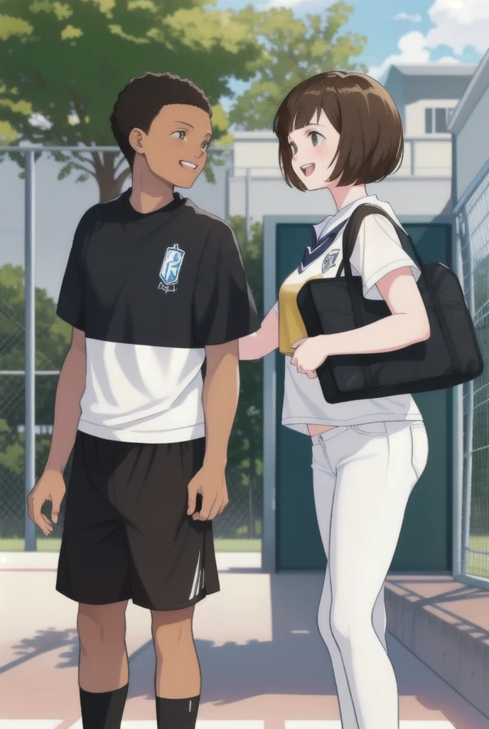 A black boy with short hair and a white girl with short brown hair meet at school. They are going to play basketball and the girl offers the ball to the boy to play. They became friends and 3 years later they fell in love and started dating.
