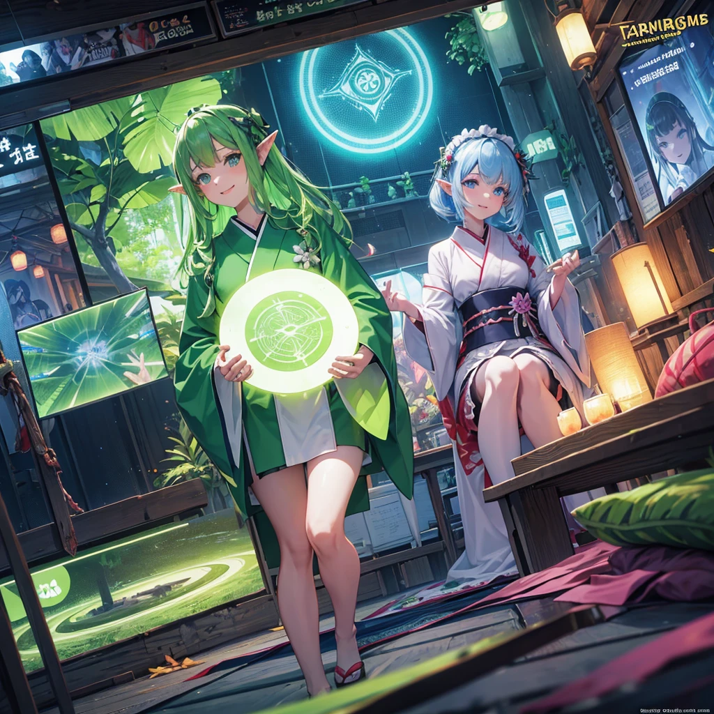 Elf（Maid clothes（kimono）　tropical　tropicalジュース（tray）　Tavern（Adventurer）　cyber punk　Green light swirling（hologram）　Multiple monitors behind（Streaming screen　magic circle）　Adventurer　Medieval Fantasy　smile　night　comics）