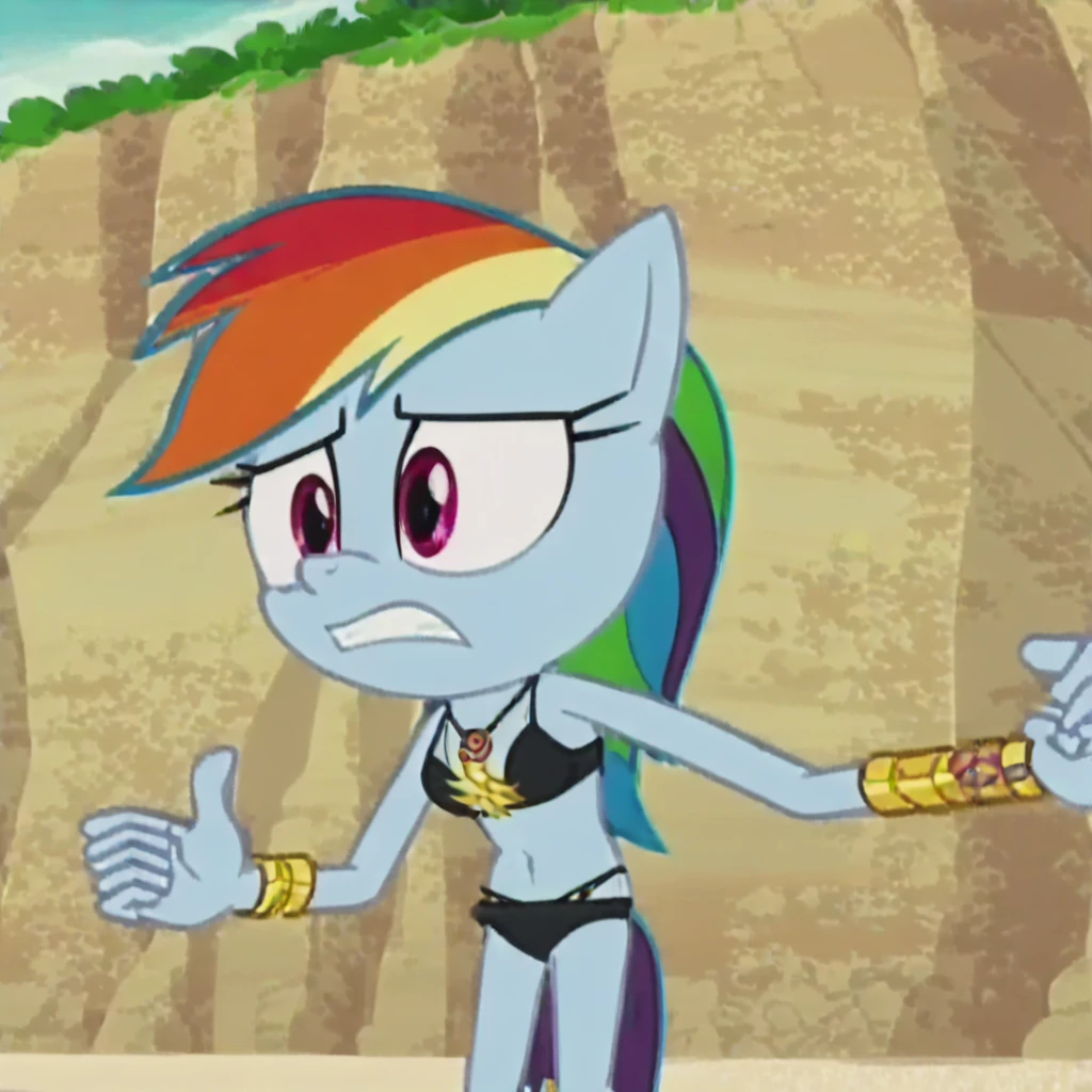 rainbow dash, 1girl, solo, upper body, (screencap:2), bikini, beach