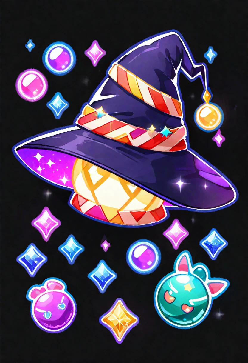game icons, kawaii, witch hat, sparkling, black background