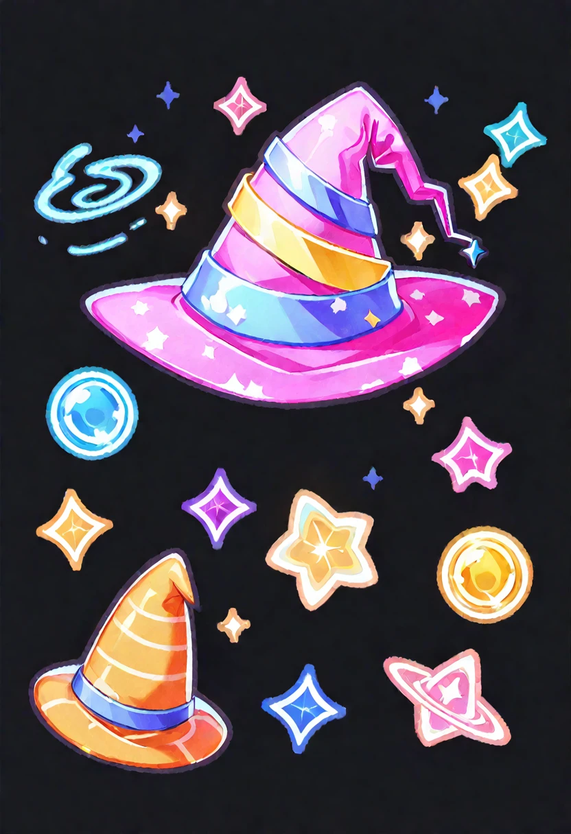 game icons, kawaii, witch hat, sparkling, black background