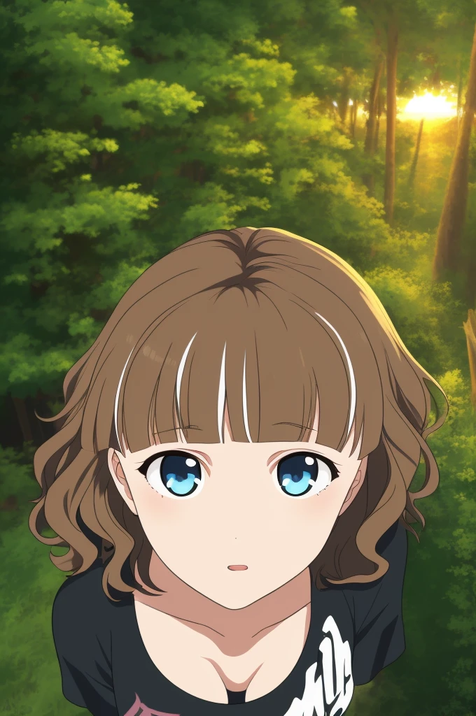 1girl, solo, expressive eyes, perfect face,
short hair, wavy hair, streaked hair, blunt bangs, brown hair, blue eyes, large breasts, black t-shirt,
forest, sunset, portrait, from above,
masterpiece, best quality,