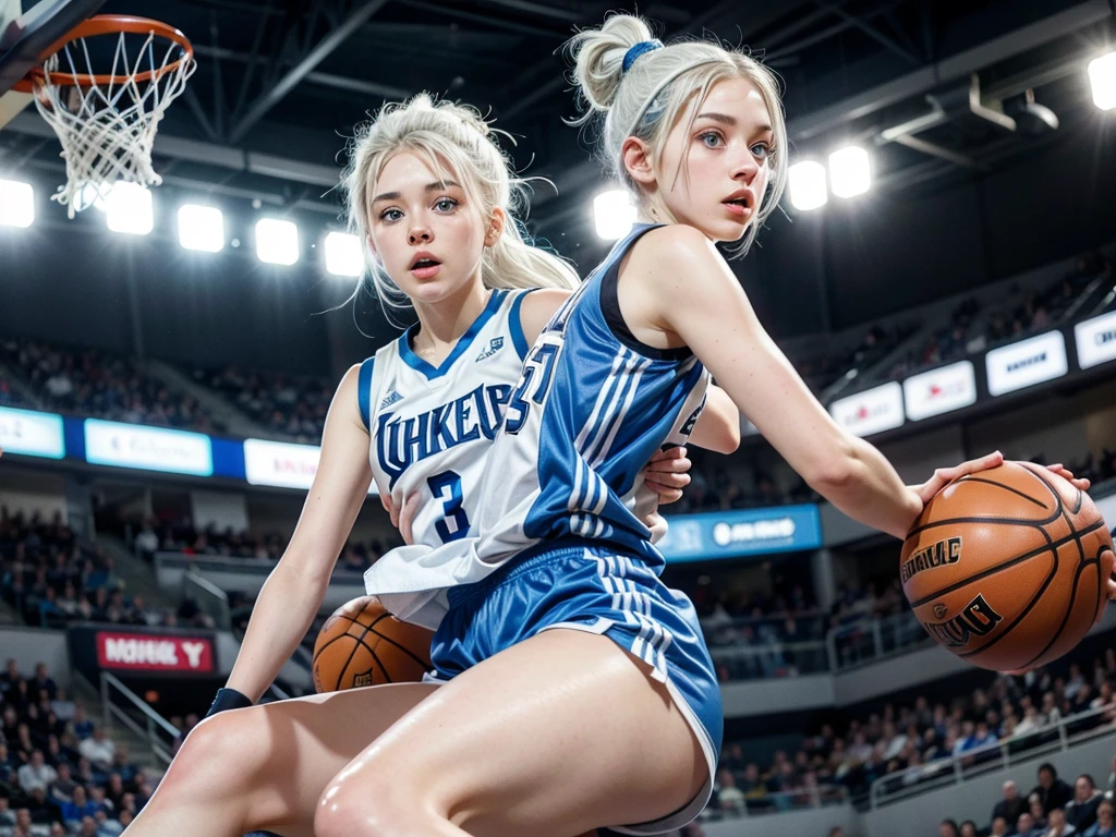 Female teenager with white hair up, blue eyes and white skin doing a dunk in basketball