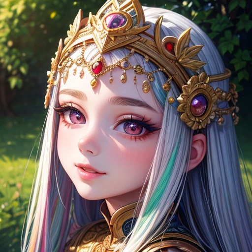 masterpiece, Highest quality, masterpiece, God-like quality, Godly art, Highly detailed face, Very realistic, cute, Young girl, smile, Big eyes, Long eyelashes, Multicolored Hair, Variegated eyes, Shiny skin, Fuller lips, Big Lips, Shiny skin, Blushing, Nice views