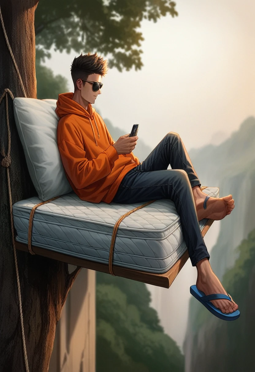 Realistic photo, looks like a 27 year old Indonesian man, thin body, very short hair, wearing an orange hoodie, wearing sunglasses, wearing long black jeans, wearing blue flip-flops, sitting on a mattress hanging over a cliff. the tall one, it looks like his bed is using a rope tied to a tree, it looks like he's playing a game on his smartphone 