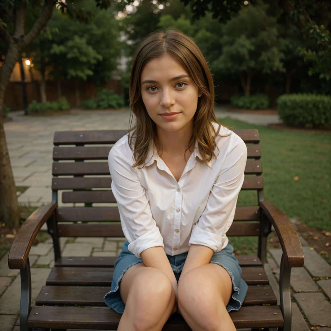 Lucie sitting on a bench in the evening