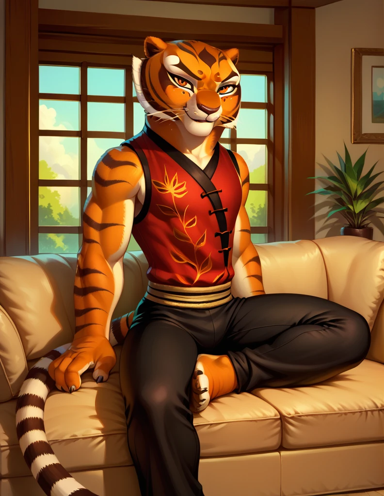 score_9, score_8_up, score_8, 1girl, m4stertigr3ss, solo, tail, looking at viewer, red qipao, black silk pants
Sitting on couch, living room, window,sexy