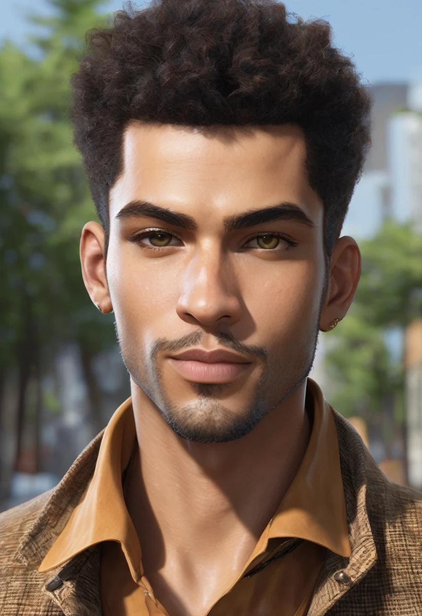 

Develop an avatar that represents a young and beautiful person. The specific characteristics are:

- **cor da pele:** blacksad, with realistic texture and tone.
- **Height:** 1,70 meters.
- **Physicist:** stark, but not overly muscular.
- **facial features:**
  - **eyeballs:** brown, detailed and realistic.
  - **body hair:** Afro, well cared for and detailed.
  - **eyebrows:** Two cut marks on the left eyebrow, to enhance beauty.
- **Other facial details:**
  - Skin and face must be highly realistic and detailed, capturing natural nuances and textures.
  - Facial expression must be warm, com um leve sorriso, conveying a friendly and confident appearance.
- **vestimentas:** Casual, modern and stylish, suitable for a young person.
Ensure all details are well represented to capture the essence and appearance of the individual depicted, with a special focus on realism and high definition of features.

.