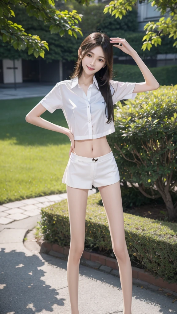 RAW, masterpiece, best quality, extremely detailed, 8k, HDR, photorealistic, intricate, A skinny Asian girl, she has an extremely slim body with narrow and small hips, long straight hair, wearing a short sleeves office shirt and white panties, smile, standing, outdoors