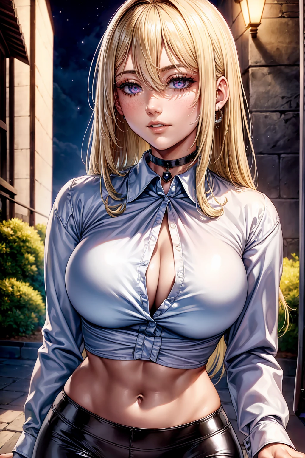 (strong and bright eyes)beautiful, beautiful woman, perfect anatomy, perfect body, perfect breasts, choker:1.6, captivating look, slight smile, realism, Masterpiece, Rough skin , super detailed, high detail, high quality, 最high quality, 1080P, 16k, realist, 1 girl, (ash blonde hair, Waist length hair), crop top, shiny black leggings, chapped lips, blush, street, evening, (White buttoned shirt with long sleeve collar:1.4), shy,