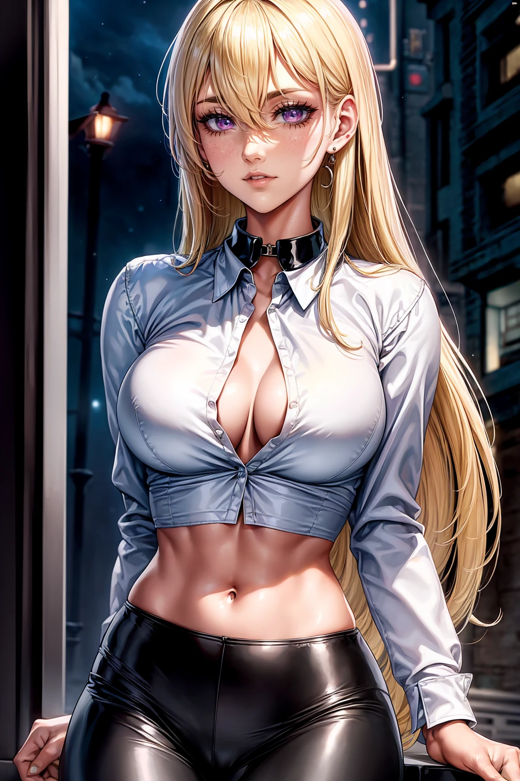 (strong and bright eyes)beautiful, beautiful woman, perfect anatomy, perfect body, perfect breasts, choker:1.6, captivating look, slight smile, realism, Masterpiece, Rough skin , super detailed, high detail, high quality, 最high quality, 1080P, 16k, realist, 1 girl, (ash blonde hair, Waist length hair), crop top, shiny black leggings, chapped lips, blush, street, evening, (White buttoned shirt with long sleeve collar:1.4), shy,