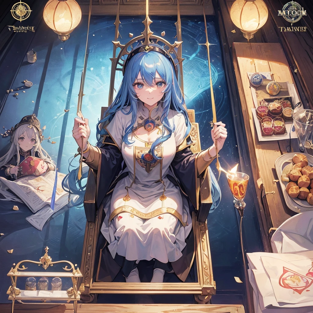Tarot Cards(Female Pope(Salvator Mundi)のLast Supper( canteen Draw on canvas(Stained glass(Valentine hologram Blue light swirling) Last Supper holy grail Christ smile)Anime Poster、oil)