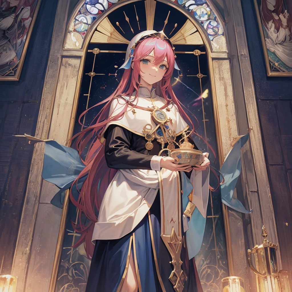 Tarot Cards(Female Pope(Salvator Mundi)のLast Supper( canteen Draw on canvas(Stained glass(Valentine hologram Blue light swirling) Last Supper holy grail Christ smile)Anime Poster、oil)
