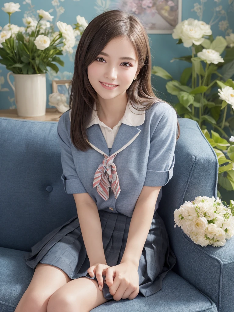 (1woman), (round eyes:1.2), (highly detailed face and eyes), refreshing smile, Amazing face and eyes, (school uniform, pleated skirt:1.3), (Best Quality:1.4), (Ultra-detailed), (extremely detailed CG unified 8k wallpaper), Highly detailed, High-definition raw color photos, Professional Photography, Realistic portrait, indoors, summer, (casual room, cute wallpapers:1.3), (Surrounded by lots of cute fresh flowers. Inside a photo studio, cute sofa:1.3), depth of fields, (fine face:1.2),