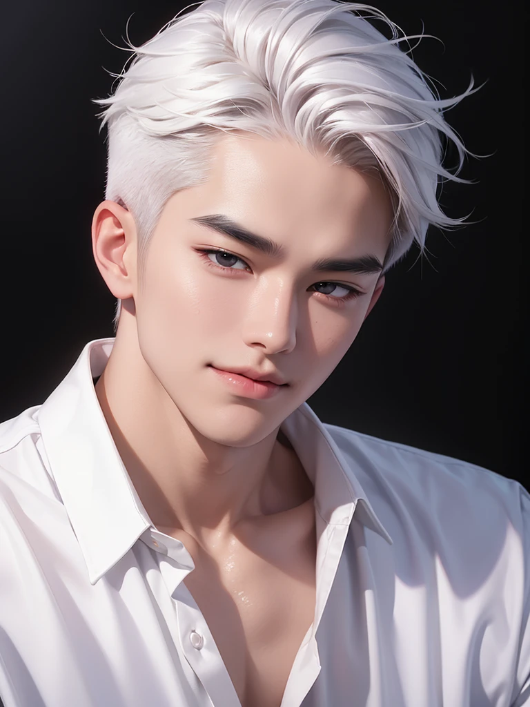 handsome korean boy, white hair, arrogant smile, fair skin, black shirt, black wallpaper, portrait angle, soft face, pink blush, lower angle