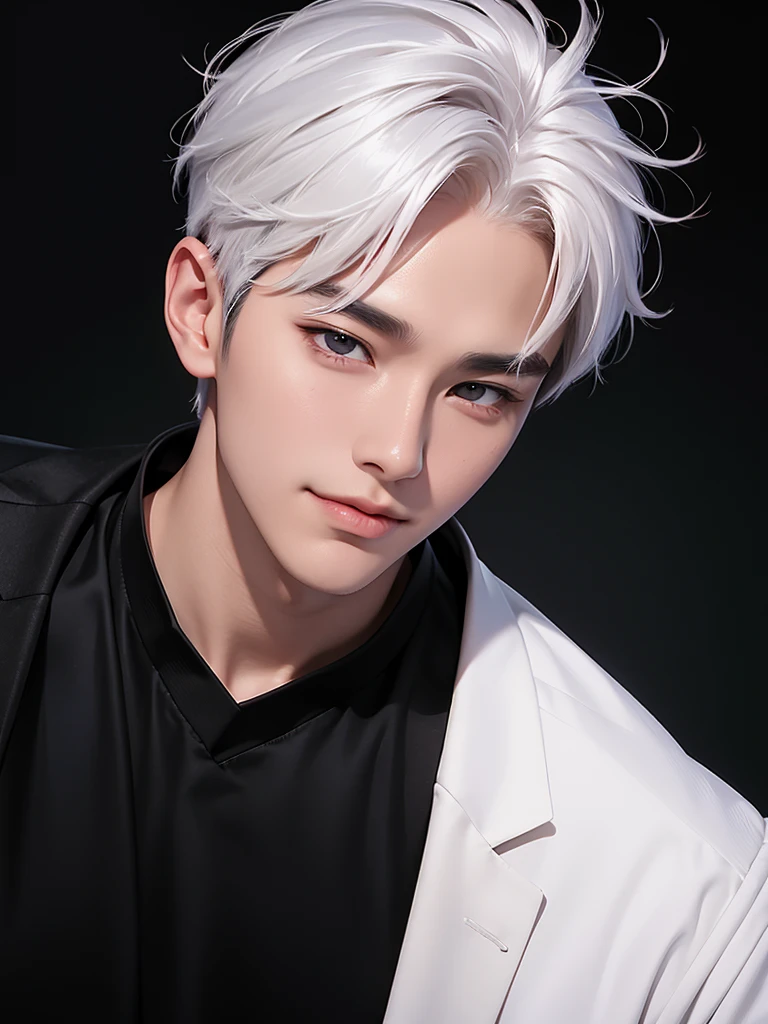 handsome korean boy, white hair, arrogant smile, fair skin, black shirt, black wallpaper, portrait angle, soft face, pink blush, lower angle